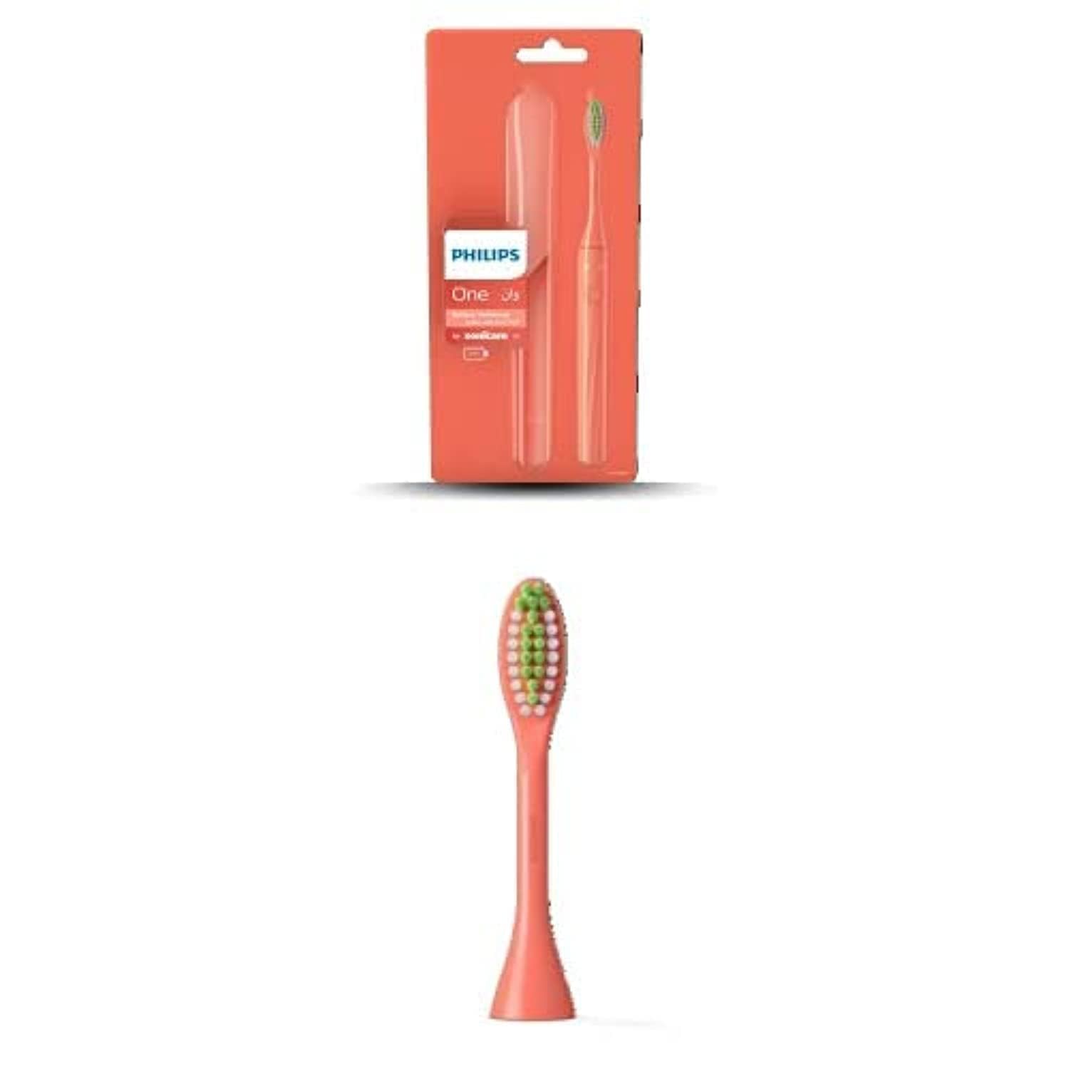 Philips One by Sonicare Battery Toothbrush, HY1100/02, 2 Piece Set with 2 Brush Heads, BH1022/02, Miami Coral