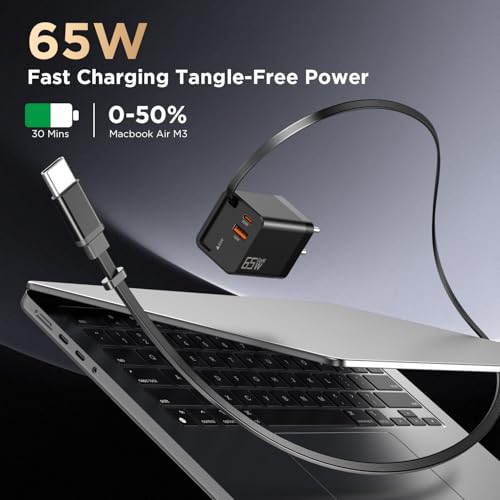 65W GaN Schnellladegerät Kompatibel mit MacBook Pro/Air, 3-Port USB C Netzteil mit Integriertem Einziehbarem Kabel, Kompakter Ladeadapter für iPhone 17/16/15, iPad, Samsung Galaxy, Reisezubehör