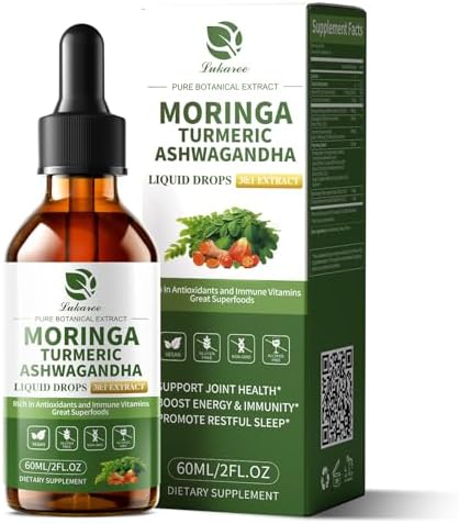 12-in-1 Organic Moringa Drops with Ashwagandha Turmeric Quercetin, Lipsomal 98% Absorption & 30:1 Extract for Energy Immune Joint Digestive Metabolism, Vegan Non-GMO, More Potency Than Moringa Powder