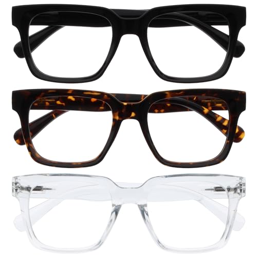 Image of OPULIZE ERA Blue Light Blocking Reading Glasses for Women & Men-Anti-Glare-UV400 Protection-Oversized Frame-Computer Screen Glasses-Black Brown Clear-+2.00(Pack 3 of with 3 Pouches)