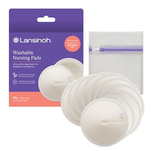 Lansinoh Washable Nursing Pads, Made with Organic Bamboo Viscose, Reusable Breast Pads for Breastfeeding with Wash Bag, Breastfeeding Essentials, 10 Count