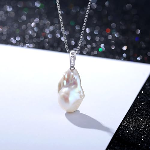 Baroque Pearl Pendant Necklace, Freshwater/Saltwater Cultured Pearl 13-15mm, 925 Sterling Silver Necklace, 18K White Gold Plated Adjustable Chain 18+2IN, Jewelry Gifts for Women2