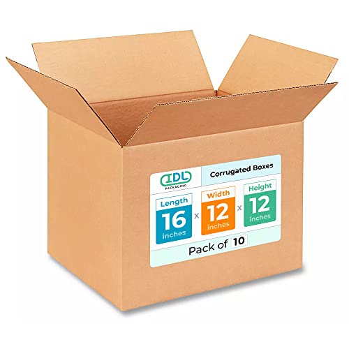 Medium Shipping &amp; Moving Boxes 16x12x12 inches (10-Pack) - Extra Strength 200 lb vs Regular - Corrugated Boxes for Packaging Moving and Delivering - Box for Moving - Square Box by IDL Packaging