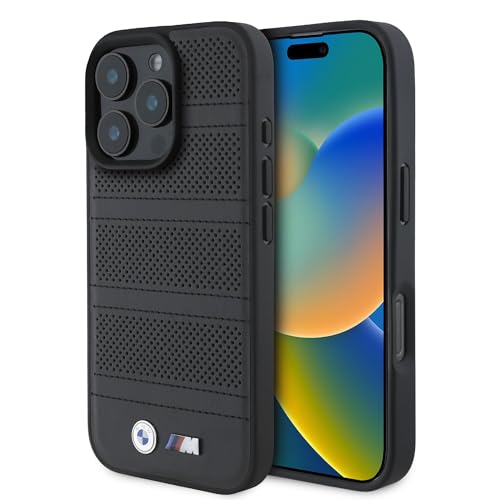 CG Mobile BMW HC M Coque de téléphone conçue pour iPhone 16 Pro Max, Durable, résistante aux Chocs, Compatible avec MagSafe, Coque en polyuréthane perforé et Lignes Cousues, Noir