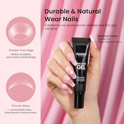 Image of Beetles Gel Nail Kit Medium Coffin with Nail Dehydrator and Primer, 576Pcs Half Matte Etch-X Gel Tips Solid Glue Mini Lamp Acrylic False Tips Easy DIY Extension Set Gift for Women