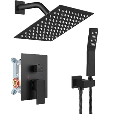 gotonovo Rainfall Bathroom Shower System Rain Shower Head and Handle Set Wall Mounted Shower Complete Combo Solid Brass Pressure Balancing Shower Mixer Valve 8 Inch Matte Black