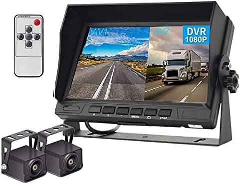 Backup Camera Rear View Monitor 7 inch 1080P Reverse Cam Kit Dual Split Screen DVR Waterproof Night Vision Rearview Camera for Truck, Trailer, Large Box, RV, Camper, Bus Easy Installation Grid Lines