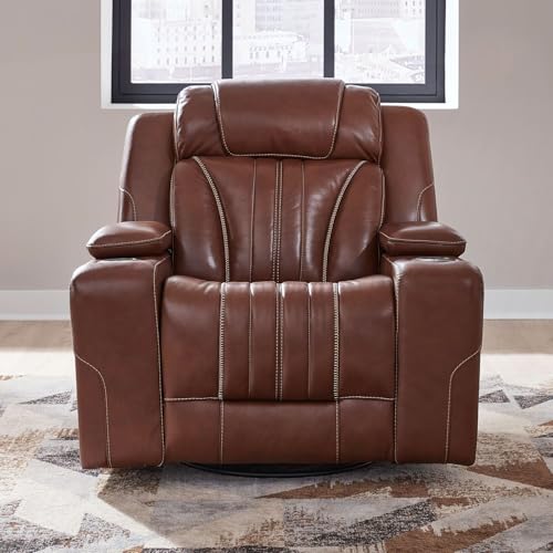 Liberty Furniture Caswell Recliner Armchair with Power Recline, Charging Port, Cupholders - Nature Chestnut Leather