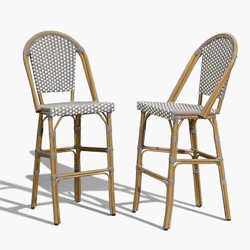 PURPLE LEAF French Bar Stool Set of 2 Bamboo Print Finish Patio Bar Stools with Back Rattan Chairs Wicker Bar Height Stool 30" with Footrest Kitchen Island Stools Outdoor Barstool Grey