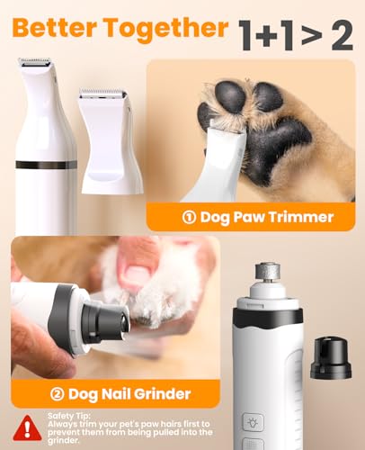 Image of oneisall Dog Nail Grinder and Paw Trimmer Kit 2 in 1 Low Noise Rechargeable Electric Pet Nail Grinder with 2 LED Lights and Cordless Dog Grooming Clippers with Double Blades