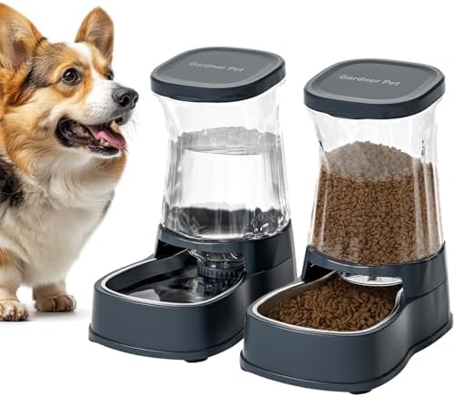 Gardner Pet Futter- und Wasserspender Satz, 3.85L*2, Edelstahlnapf, Grau | Automatischer Futterautomat, Edelstahlschüssel, Gravitation Wasserspender, Kein Strom Erforderlich, BPA F