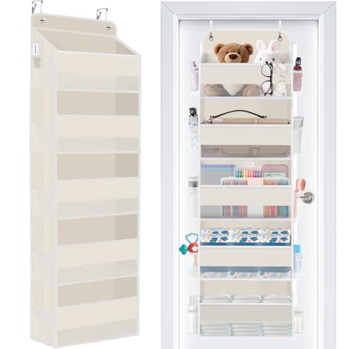 WISELIFE Over The Door Organizer - 5 Shelves Large Capacity Hanging Bedroom Storage Solution with Side Pockets for Dorm Bathroom Pantry Nursery and Baby Essentials Holds up to 40 Lbs (Beige)