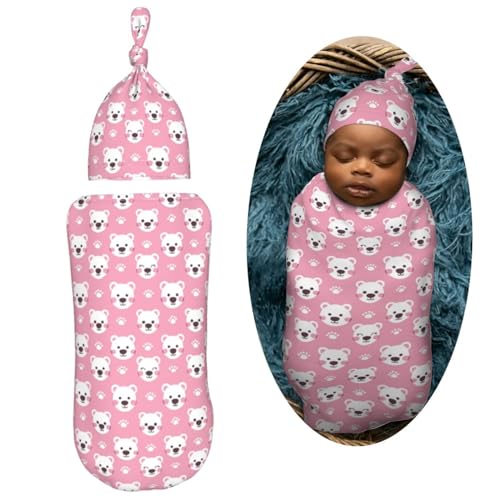 Image of Kawaii Bear Heads and Paws Newborn Swaddle Blankets Hat Sets Soft Baby Receiving Blanket Swaddle Sack for Baby Shower Infant Boy Girl Gift