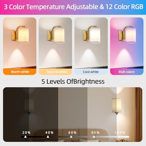 Image of Battery Operated Wall Sconces Set of Two, Dimmable Battery Wall Light with RGB Bulb, Rechargeable Wall Mounted Sconce Lamp with Remote Control for Bedroom, Living Room, Entryway, Gold