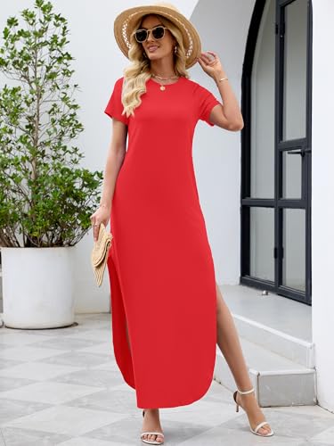 Image of Heymoments Womens Summer Maxi Dress Short Sleeve Casual Loose Long T Shirt Split Vacation Beach Sundress with Pockets