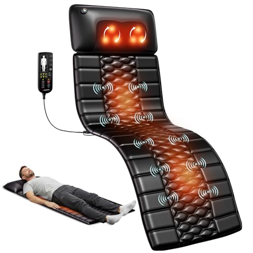 Himouta PU Leather Full Body Massage Mat with Heat, Detachable Massage Pad with 10 Vibrating Motors, Massager Mattress for Back Neck Legs, Electric Back Massager for Home Office (Black)