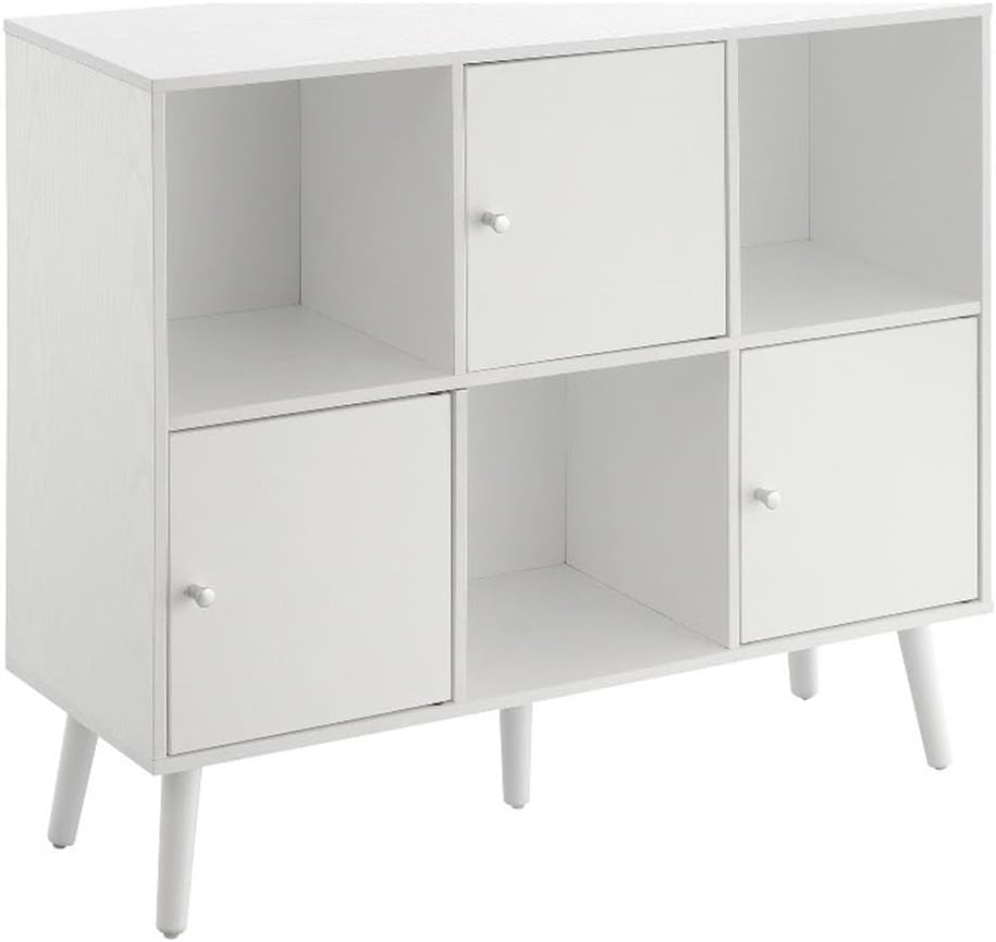 Pemberly Row Console Table with 3 Cubbies & Cabinets, 35.25 x 11.5 x 29.75 in, White Manufactured Wood, Solid Wood Feet, Mid-Century Modern Style, Multi-Tier Storage for Living Room or Entryway