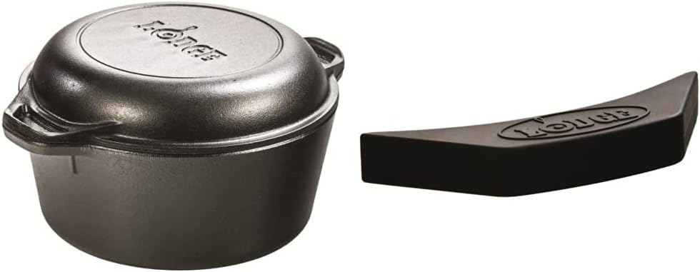 Lodge L8DD3 Cast Iron Double Dutch Oven, 5-Quart & Manufacturing Company GL10 Tempered Glass Lid, 10.25", Clear