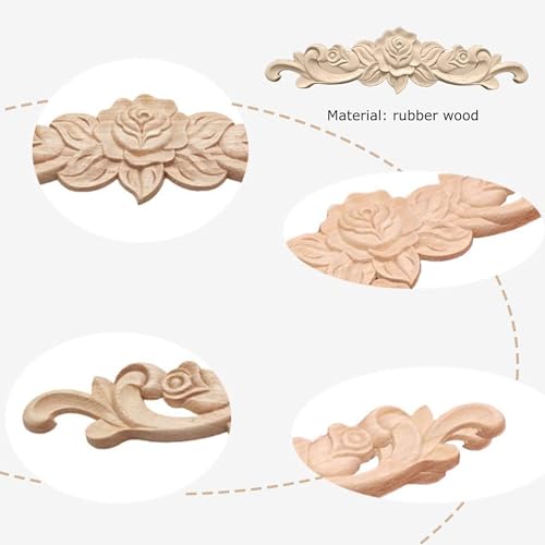 Hezhou 6 Pcs Holzornamente für Möbel Vintage Holzornament Holz Oramente Zierleisten Holzornamente Ecke Holzschnitzerei Applique Ornament Holz Skulptur Corner Holzornamentes (Rose Schnitzerei)
