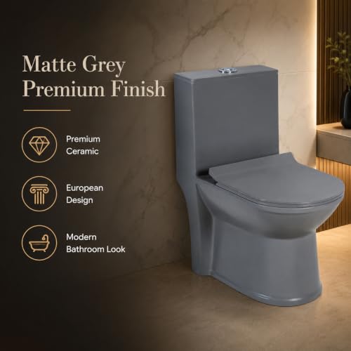 Image of KrissKross Premium Ceramic Rimless One Piece Western Toilet /Commode for Toilet /European Commode With Soft Close Seat Cover For Lavatory /Washdown Flush Commode With - S Trap Outlet (Matte Grey)