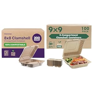 [Bulk – 200-Count] 100% Compostable 8×8″ and 9×9″ 3-Compartment Take Out Food Containers with Lids – Disposable Togo Boxes Made of Sugarcane Bagasse