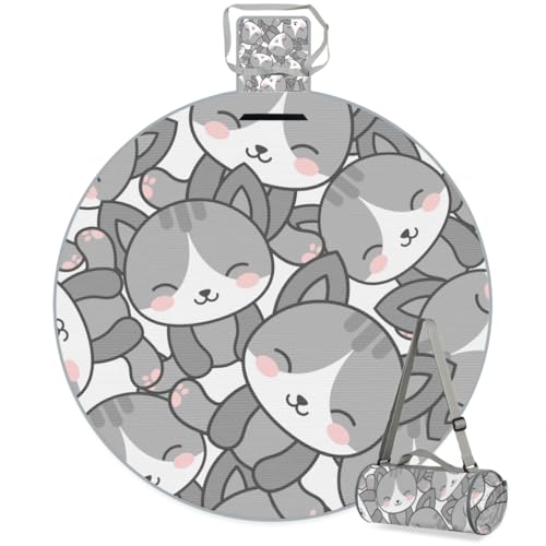 Shimoshe Cute Cat Picnic Outdoor Blanket Foldable Waterproof Sandproof Beach Blanket Portable Water-Resistant Animal Cat Round Picnic Mat for Travel Camping Park Lawn