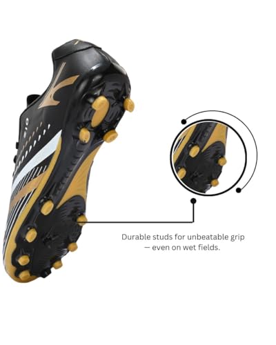 Image of PRO ASE SPORT Football Shoes with Rubber Studs - Ideal for Hard & Artificial Turf Surfaces | Orange, Black, Golden.