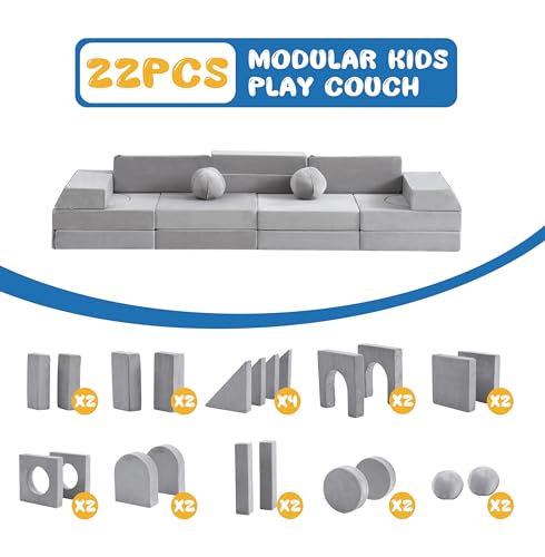 22Pcs Modular Kids Play Couch, 1000+DIY Creativing Playroom Furniture for Kids, Toddler Couch, Convertible Foam and Floor Cushion for Boys and Girls,Dark Grey