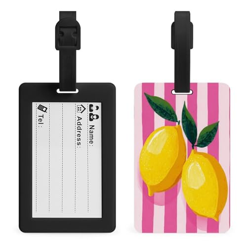 Etiquetas para equipaje con diseño de limones sobre rayas rosas y blancas