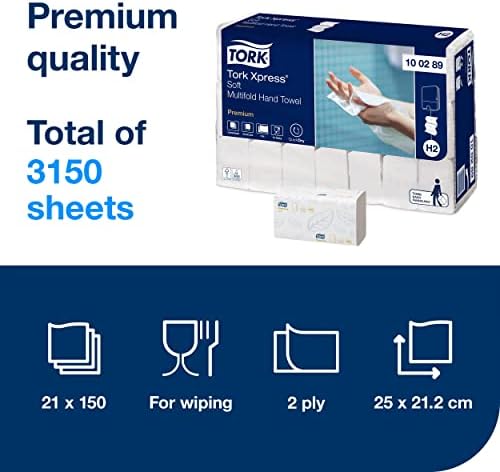 Tork Xpress Soft Multifold Hand Towels 100289 - H2 Premium Paper Hand Towels with High-Absorbency - Large, 2-Ply, White - 21 x 150 Sheets