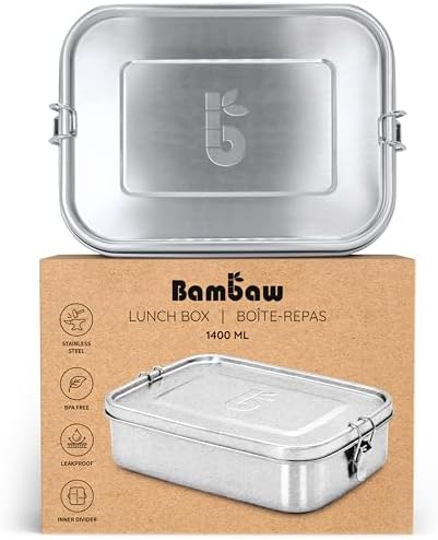 Bambaw Stainless Steel Lunch Box 1400 ml, Metal Bento Box with Adjustable Compartment, Metal Lunch Container, Stainless Steel Sandwich Container, 47 oz
