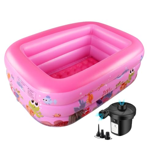 Image of 5 Ft Inflatable Swimming Pool with Sea Life Design for Kids & Family, Quick Inflation, Durable PVC, Electric Air Pump Included, Outdoor Backyard Play Pool, Pink (150 x 105 x 55 cm)
