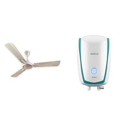 Havells Ambrose 1200mm Ceiling Fan (Gold Mist Wood)+Havells Instanio 3-Litre Instant Geyser (White/Blue)