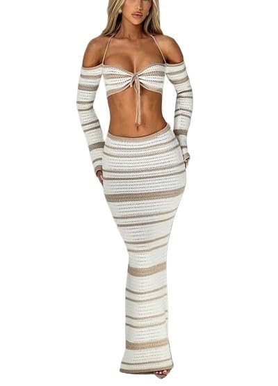Set Gonna da Donna in Maglia all'Uncinetto in 2 Pezzi Top in Maglia con Volant Gonna Lunga Aderente a Righe Copricostume da Spiaggia Streetwear(Brown,L)