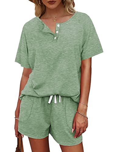 Image of WIHOLL Two Piece Outfits for Women Lounge Sets Button Down Top and Shorts Set Sweatsuits with Pockets