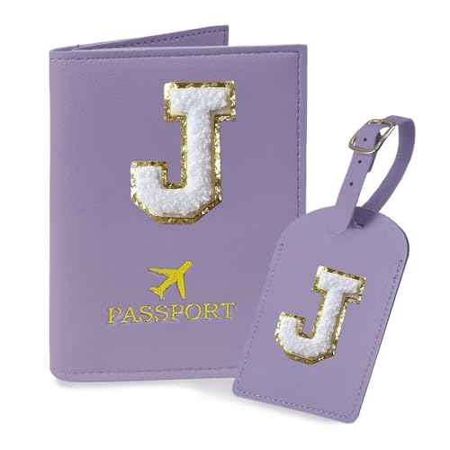 COSHAYSOO Purple Initial Passport Cover Holder and Luggage Tag Set TSA Approved with Chenille Letter Patch ABC for Women Teenage Girls, Travel Essentials Must Have Stuff Bag Suitcase Identifier (J)