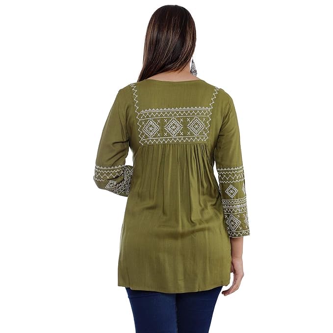 Image of Avayayat Women's Rayon Classic Heavy Embroidery Top with Beautifull Tassels at Front and on Both Sleeves Regular Fit Office Wear Festival Tunic Jeans Summer