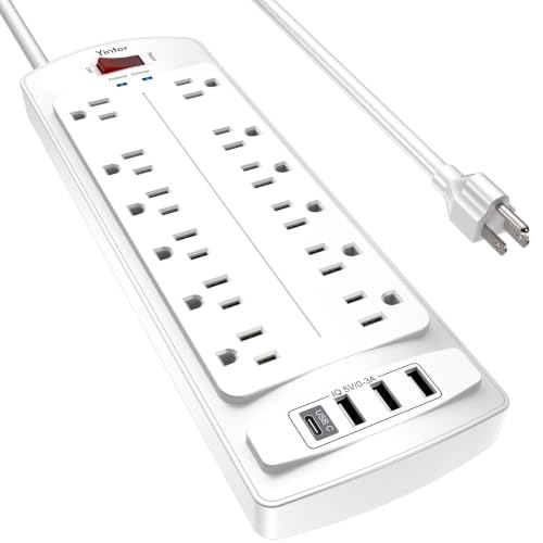 Image of 6 Feet Extension Cord Power Strip, Yintar Surge Protector with 12 AC Outlets and 4 USB Ports, 2700 Joules, ETL Listed, White