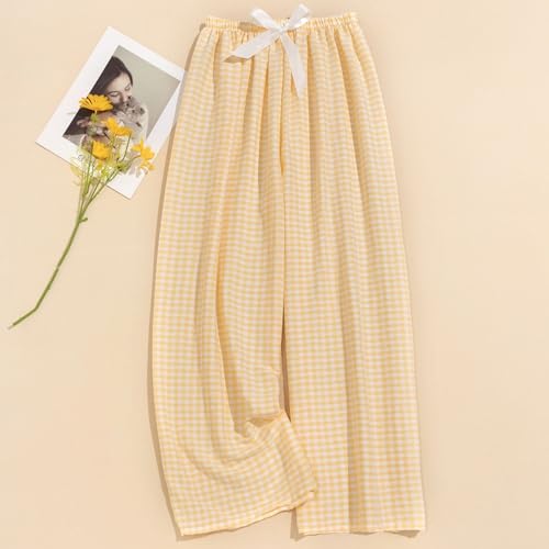 Womens Wide Leg Pants Gingham Lounge Pants Flowy Beach Casual Palazzo Trousers2