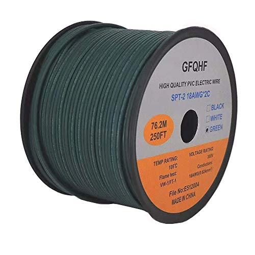 GFQHF UL Listed 250 Foot Zip Cord Bulk Lamp Cord, 18 Gauge, SPT-2 (Green)