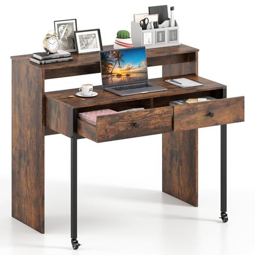 COSTWAY Extending Computer Desk, Wooden Study Writing Desk PC Laptop Table with 2 Storage Drawers, Home Office Workstation Console Table for Bedroom Living Room (Rustic Brown, 100 x 63 x 88 cm)