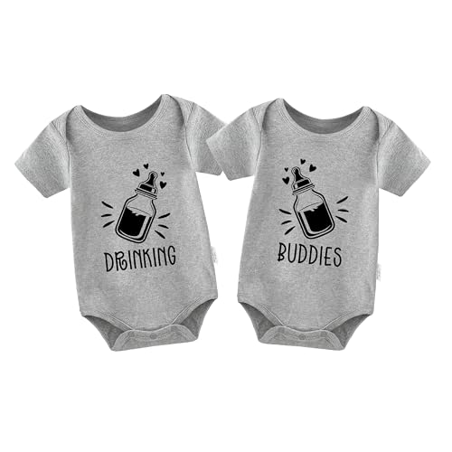 Image of YSCULBUTOL Baby Twins Bodysuit Drinking Buddies Newborn Clothes Infant Twin Romper Unisex Toddler Outfits(Grey 6m)