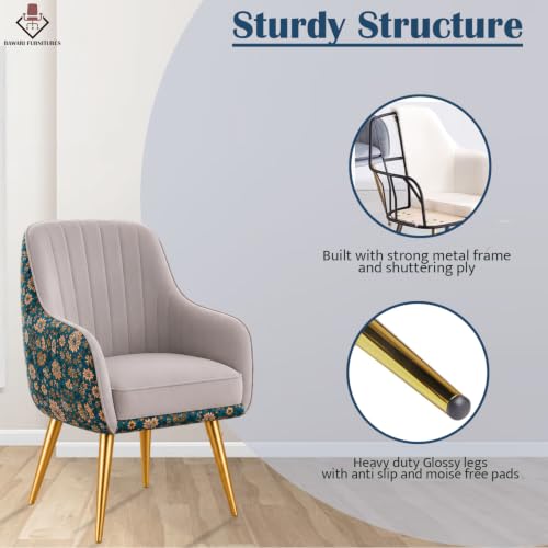Image of Set of 2 Accent Chair for Living Room | Modern Armchair in Soft Velvet Fabric with Sturdy Legs | Premium Chair for Home Living Room Bedroom Restaurent | (Gold Legs, Light Grey Floral)