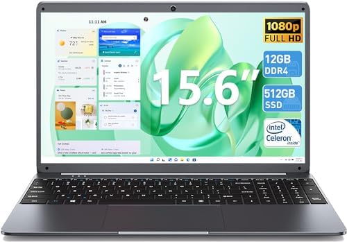 SGIN 15 Inch Laptop, 12GB RAM 512GB SSD, FHD IPS 1920×1080 Screen, Quad-Core Intel Celeron N5095, Laptops Computer with Cooling System, Webcam, Mini HDMI, Four Stereo Speakers, USB-Type C