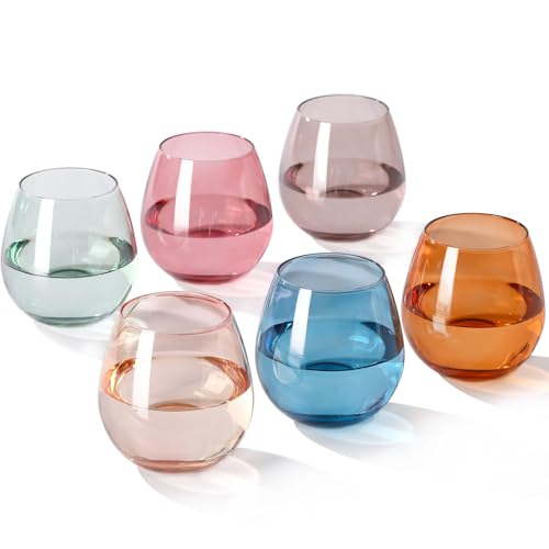 Colored Stemless Wine Glasses Set of 6-15 oz -【Hand-Blown】 Colored Drinking Glasses