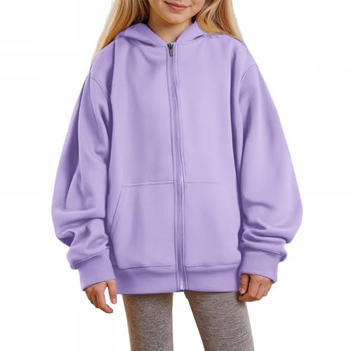 Image of Girls Zip up Hoodies Solid Long Sleeve Zipper Hooded Sweatshirts Teen Kids Oversized Trendy Hoodie Jackets with Pockets Plain Cute Back to School Clothes (Purple, 7-8 Years)