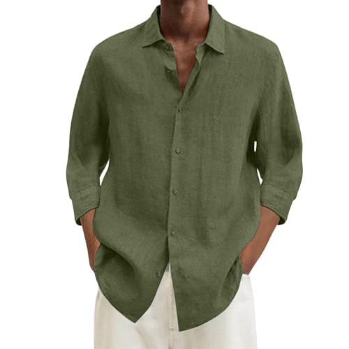 Yekdmxop 2025 Camisa de lino para hombre elegante manga larga Slim Fit Coreana Camisas de verano firmadas Algodón Henley Shirts Camisas de playa Casual con Botones Sólidos Transpirables Camiseta