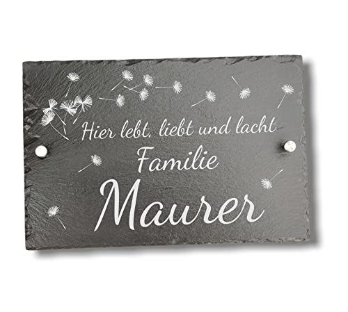 Personalisierbares Türschild Aus Schiefer Mit Pusteblumen-Motiv - 20x30 Cm, Graviert Mit Familiennamen, Für Außenbereich, Geschenk Zum Einzug