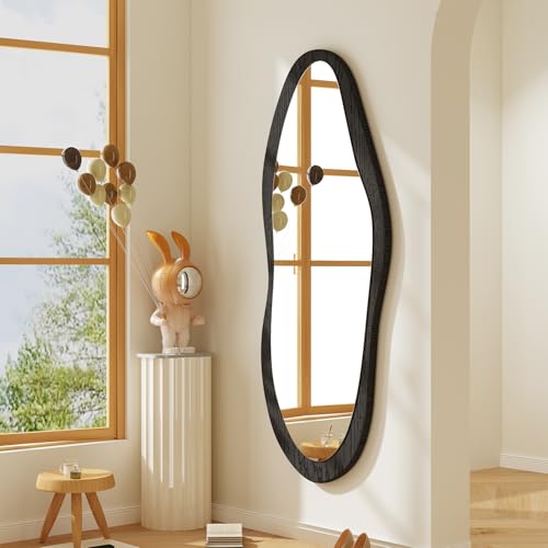 Image of AAZZKANG Irregular Wall Mirror Full Length with Wood Framed Large 47 inchx20 inch Black Asymmetrical Full Body Mirrors for Bedroom Living Room Entryway