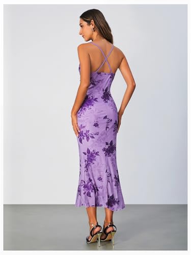 Image of SOLY HUX Women's Floral Mesh Bodycon Cami Dress Cowl Neck Sleeveless Cocktail Party Wedding Guest Long Maxi Dresses